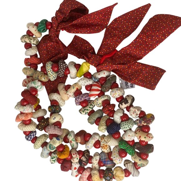 Vtg Handmade Fabric Wood Garland Red Ribbons Floral 80" Christmas Retro Country - Picture 1 of 4
